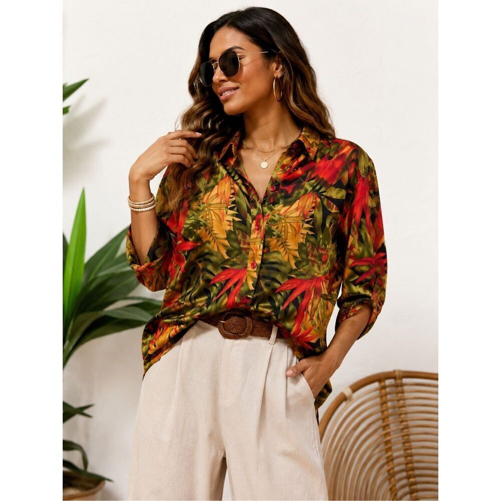 Vintage Brownstone Studio New York Tropical Floral Blouse M Made USA Resort